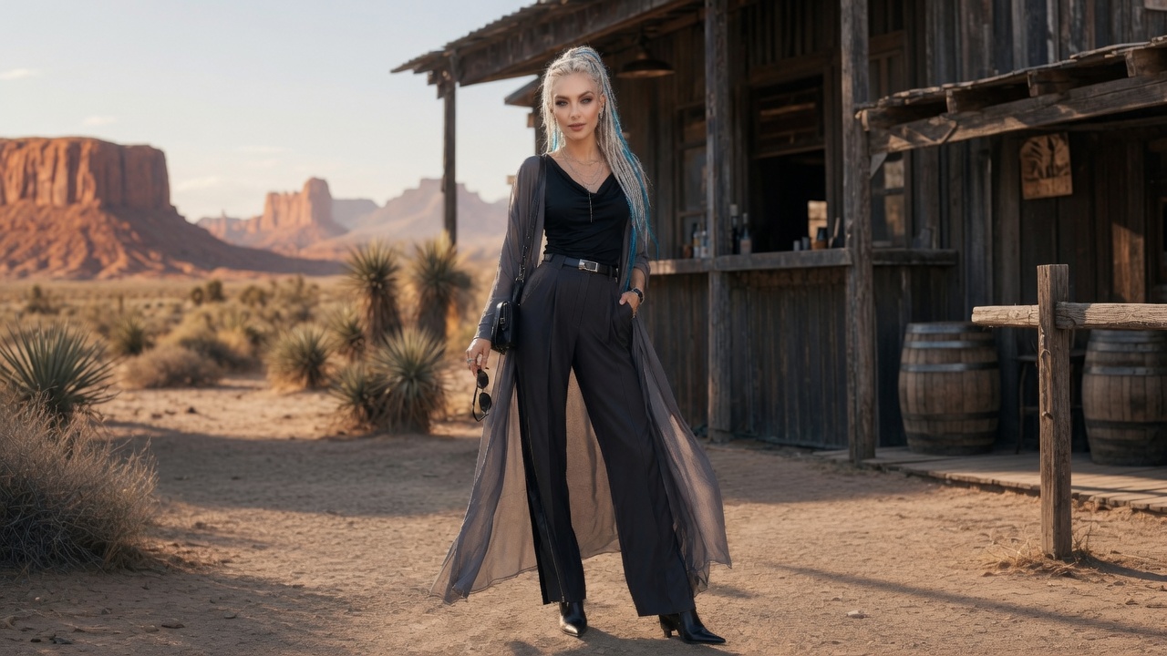 Katya Volkova arriving in New Mexico in elegant black desert fashion