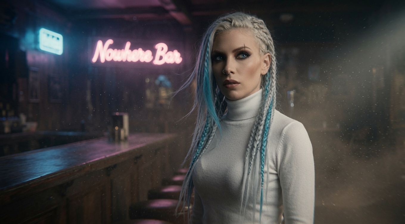 Katya Volkova standing inside the neon-lit Nowhere Bar
