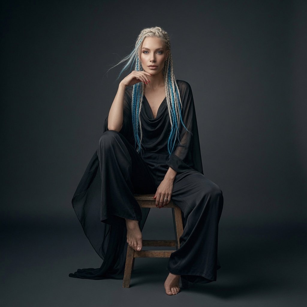 Studio portrait of Katya Volkova in flowing black fashion